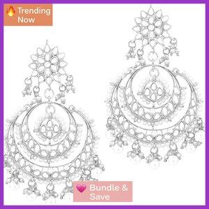 Kundan Pearl Chandbali Drop Earrings Silver Wedding